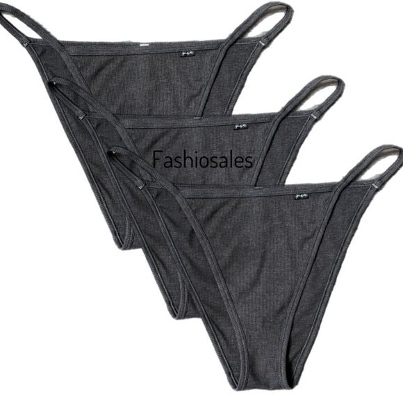 Victorias Secret Pink Soft Cotton Ribbed String Bikini panty Gray Bundle of 3 - Picture 1 of 10